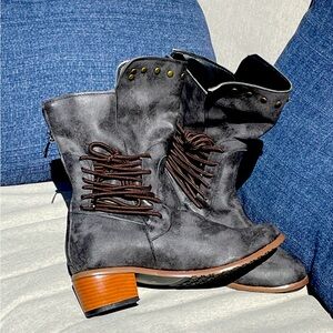 Gray Women's Combat Moto Boots with Brown Laces